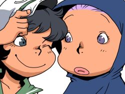 2girls black_hair blue_hood closed_mouth commentary_request grey_eyes hat hood hood_up kumoi_ichirin lips looking_at_another multiple_girls murasa_minamitsu one_eye_closed onikobe_rin purple_eyes purple_hair short_hair simple_background smile touhou upper_body white_background white_hat