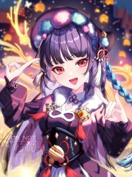 1girl black_hair black_hat blunt_bangs blush bonnet breasts capelet chinese_clothes dress fur_trim genshin_impact hair_ornament hat highres jewelry long_hair long_sleeves looking_at_viewer makeup open_mouth purple_hair red_eyes smile solo tassel tsubame-tsubame- yun_jin_(genshin_impact)