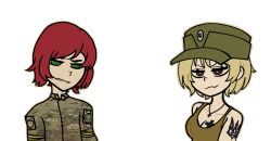 1boy 1girl arm_tattoo azov_battalion blonde_hair bob_cut breasts brown_eyes camouflage camouflage_jacket clenched_teeth collarbone commission commissioner_upload cross cross_necklace frown furrowed_brow green_eyes hat insignia international_legion_of_ukraine jacket jewelry kenneth_del_duca marichka medium_hair military_combat_uniform military_patch military_uniform necklace nemlei_(style) non-web_source open_collar original peaked_cap red_hair ribbon russo-ukrainian_war small_breasts smirk tank_top tattoo teeth that_cs_alfredo the_coffin_of_andy_and_leyley transparent transparent_background tryzub ukraine ukrainian_flag ukrainian_ground_forces yellow_ribbon