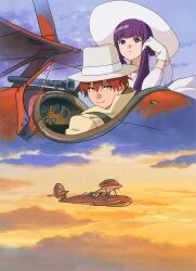 1boy 1girl aircraft airplane alternate_costume blue_sky blunt_bangs cloud cockpit commentary_request dress fern_(sousou_no_frieren) flying_boat gloves gradient_sky hat highres jewelry kurenai_no_buta long_hair looking_at_viewer necklace open_cockpit parody propeller purple_hair red_hair savoia_s.21 seaplane short_hair sky smile sousou_no_frieren stark_(sousou_no_frieren) syaparinton upper_body v-shaped_eyebrows white_dress white_gloves white_hat yellow_sky
