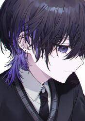 1boy absurdres black_hair black_necktie closed_mouth collared_shirt commentary daifuku_mame_(kageroudt33) highres male_focus multicolored_hair necktie original piercing profile purple_eyes purple_hair shirt solo streaked_hair symbol-only_commentary two-tone_hair white_background white_shirt wolf_cut