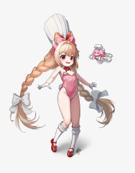 1girl absurdres braid brown_hair chef_hat cherry crust_(nikke) drone flat_chest food food-themed_hair_ornament food_costume fruit gloves goddess_of_victory:_nikke hair_ornament hair_ribbon hat highres leotard long_hair open_mouth playboy_bunny rabbit_hair_ornament rabbit_tail red_eyes ribbon sagle simple_background strawberry_hair_ornament stuffed_animal stuffed_rabbit stuffed_toy tail thighs twin_braids white_background white_gloves