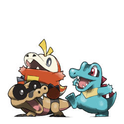 arms_up blacknirrow bright_pupils commentary creatures_(company) english_commentary fuecoco game_freak gen_2_pokemon gen_5_pokemon grey_eyes nintendo no_humans open_mouth pokemon pokemon_(creature) red_eyes sandile sharp_teeth simple_background smile spikes teeth totodile white_background white_pupils