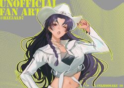 1girl ;o alternate_costume black_hair black_shirt bracelet braid cowboy_fringe cowboy_hat cowboy_western crop_top cropped_jacket fringe_trim hand_on_headwear hand_on_own_hip hat jacket jewelry long_hair looking_at_viewer midriff mole mole_under_eye navel necklace nijisanji nijisanji_en one_eye_closed outline pants parted_lips red_nails riz3 scarle_yonaguni shirt side_braid silver_bracelet silver_necklace single_braid solo tan twitter_username upper_body virtual_youtuber white_hat white_jacket white_pants