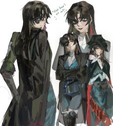 2girls belt black_boots black_cape black_coat black_hair black_hat black_ibis_(reverse:1999) blue_jacket blue_pants boots brown_eyes brown_hair cape coat commentary cowboy_shot crossed_arms dress earrings english_commentary english_text eye_mask gloves green_dress hat highres jacket jewelry long_hair long_sleeves looking_at_viewer looking_back mole mole_under_eye multiple_girls multiple_views neckerchief open_mouth pants rain_(neporain) red_eyes reverse:1999 semmelweis_(reverse:1999) shirt simple_background single_earring smile tassel tassel_earrings tricorne white_background white_gloves white_neckerchief white_shirt