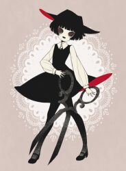 1girl @_@ bags_under_eyes black_dress black_eyes black_footwear black_hair black_hat black_pantyhose blunt_bangs buttons collared_shirt colored_sclera commentary dress eleanor_(ohmyeleanor) english_commentary full_body hat holding holding_scissors open_mouth original pantyhose red_dress red_hat red_sclera scissors sepia_background shirt short_hair solo standing teeth two-tone_dress two-tone_hat upper_teeth_only