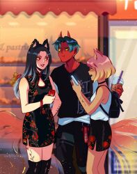 1boy 2girls andythelemon animal_ears black_hair blonde_hair blue_hair bubble_tea cat_ears cat_girl cellphone colored_sclera colored_skin demon demon_boy lipstick makeup multicolored_hair multiple_girls original phone pink_hair pointy_ears red_eyes red_skin shorts two-tone_hair watermark yellow_sclera