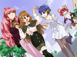 Rule 34 | 5girls, absurdres, alternate costume, bag, black pantyhose, brown eyes, brown hair, brown scarf, casual, commission, dress, duel monster, dutch angle, exosister elis, exosister martha, exosister stella, food, ha-re the sword mikanko, highres, holding, holding food, holding ice cream, ice cream, jealous, looking at another, multiple girls, ni-ni the mirror mikanko, orange eyes, pants, pantyhose, peeking out, pink pants, ponytail, purple shirt, sawan cutman, scarf, shirt, shopping bag, skeb commission, smile, stuffed animal, stuffed shark, stuffed toy, when you see it, white dress, yu-gi-oh!