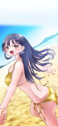 1girl 1other absurdres alternate_costume ass beach bikini black_hair blush boku_no_kokoro_no_yabai_yatsu breasts brown_hair commentary_request day dutch_angle earrings gold_bikini halterneck highres holding_hands hoop_earrings horizon jewelry large_breasts long_hair looking_at_viewer m2bou mole mole_on_neck mountainous_horizon open_mouth outdoors paid_reward_available pov pov_hands running sand shore side-tie_bikini_bottom sky solo_focus string_bikini swimsuit water yamada_anna