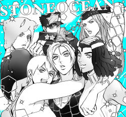 3boys 3girls butterfly_tattoo chain dreadlocks ermes_costello fishnet_top fishnets foo_fighters_(jojo) fur_hat hat horns hug jojo_no_kimyou_na_bouken kuujou_jolyne kuujou_joutarou long_coat monochrome multiple_boys multiple_girls narciso_anasui nitako spider_web_print stone_ocean tattoo weather_report
