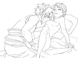 1boy 1girl bed_sheet blush breast_sucking breasts clothed_male_nude_female couple earrings closed_eyes fingering greyscale hetero ilia jewelry lineart link monochrome nintendo nipples nude orgasm pillow pointy_ears sheet_grab short_hair small_breasts soraaya_giima sweat the_legend_of_zelda the_legend_of_zelda:_twilight_princess