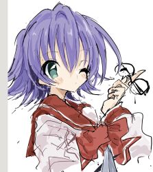Rule 34 | 1girl, aqua eyes, blush, closed mouth, flipped hair, from side, glasses, highres, holding, holding removed eyewear, long sleeves, looking at viewer, looking to the side, mugi (mugimugi 9kv), one eye closed, purple hair, red sailor collar, sailor collar, school uniform, shirt, short hair, simple background, solo, to heart (series), to heart 2, tonami yuma, unworn eyewear, upper body, white background, white shirt