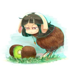 1girl animal_ears ayuki_(47881314) bird black_hair blush bright_pupils carrot_necklace closed_mouth commentary_request cookie_(touhou) floppy_ears food frown fruit full_body highres human_head inaba_tewi jewelry kiwi_(bird) kiwi_(fruit) kofji_(cookie) necklace rabbit_ears red_eyes short_hair solo touhou white_pupils