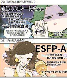 16personalities 2girls :p brown_hair campaigner_(16personalities) chinese_text closed_mouth dress earrings entertainer_(16personalities) hand_up highres holding holding_instrument holding_maracas holding_paper instrument jewelry looking_at_viewer maracas medium_hair multiple_girls myers-briggs_type_indicator one_eye_closed open_mouth paper sleeveless sleeveless_dress smile tongue tongue_out translation_request xi_yuu yellow_dress yellow_eyes