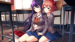 2girls blue_eyes blue_skirt blush book bookmark bow breasts brown_hair brown_sweater_vest buttons chair classroom collared_shirt commentary crying crying_with_eyes_open curled_fingers day desk doki_doki_literature_club doki_doki_literature_club_plus doki_doki_literature_club_school_uniform dot_nose double-parted_bangs dress_shirt dutch_angle english_commentary eyebrows_hidden_by_hair fingernails floating_hair flying_teardrops furrowed_brow game_cg grey_jacket hair_bow hair_intakes hair_ornament hairclip half-closed_eyes hands_on_another&#039;s_stomach highres hug hug_from_behind impossible_clothes indoors jacket kneehighs large_breasts long_eyelashes long_hair long_sidelocks long_sleeves looking_at_another looking_down lucidsky miniskirt multiple_girls neck_ribbon non-web_source official_art on_floor open_book paper parted_lips partially_unbuttoned peanut_mouth pleated_skirt purple_eyes purple_hair raised_inner_eyebrows red_bow red_ribbon ribbon sad sad_smile satchely sayori_(doki_doki_literature_club) school school_desk school_uniform shirt short_hair sidelocks sitting sitting_on_lap sitting_on_person skirt smile socks squchan sunlight sweater_vest tears teeth thick_eyelashes thighs v-neck very_long_hair wavy_hair white_shirt white_socks window wing_collar wooden_floor yokozuwari yuri_(doki_doki_literature_club)