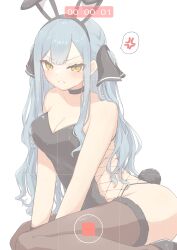 1girl absurdres anger_vein animal_ear_hairband animal_ears bang_dream! bang_dream!_it&#039;s_mygo!!!!! between_legs black_choker black_hairband black_thighhighs blue_hair breasts choker cleavage clenched_teeth collarbone commentary fake_animal_ears fake_screenshot fake_tail foot_out_of_frame fur-trimmed_thighhighs fur_trim glaring hairband hand_between_legs highres leotard long_hair looking_at_viewer playboy_bunny rabbit_ear_hairband rabbit_ears rabbit_tail recording sideless_leotard simple_background sitting solo spoken_anger_vein strapless strapless_leotard tail teeth thighhighs timestamp togawa_sakiko two_side_up user_interface v-shaped_eyebrows v-shaped_eyes very_long_hair wariza white_background yellow_eyes zacuro