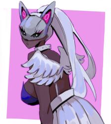 Rule 34 | 1girl, :o, absurdres, angel wings, animal ears, bare back, black sclera, blue leotard, border, breasts, cat ears, cat mask, collar, colored sclera, dark-skinned female, dark skin, dearpupa, fake wings, highres, leotard, library of ruina, long hair, looking at viewer, mask, meow (project moon), open mouth, pink background, ponytail, project moon, simple background, skirt, solo, standing, upper body, white border, white collar, white eyes, white hair, white skirt, wings