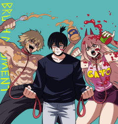 1girl 2girls anno black_hair blonde_hair blue_background chainsaw_man cross-shaped_pupils denji_(chainsaw_man) hair_between_eyes hayakawa_aki highres holding holding_leash holding_spoon horns jam leash long_hair looking_at_viewer messy multiple_girls open_mouth peanut_butter pink_shirt power_(chainsaw_man) red_horns sharp_teeth shirt short_hair simple_background spoon strawberry_jam sweat sweater symbol-shaped_pupils teeth tina_fate topknot topless_female topless_male