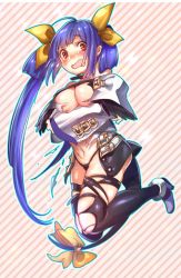 Rule 34 | 1girl, ahoge, ankle boots, belt, belt buckle, black panties, black thighhighs, blue hair, blue outline, blush, boots, breast hold, breasts, buckle, crossed arms, detached sleeves, dizzy (guilty gear), eyes visible through hair, female focus, groin, guilty gear, guilty gear xrd, hair ribbon, hair rings, high heels, highleg, highleg panties, knees up, large breasts, long hair, long sleeves, looking at viewer, narita imomushi, navel, nose blush, open mouth, outline, panties, parted bangs, pink background, purple boots, raised eyebrows, red eyes, ribbon, shiny clothes, shiny skin, sidelocks, skindentation, solo, striped background, sweat, tail, tail ornament, tail ribbon, tareme, thighhighs, tongue, torn clothes, torn thighhighs, twintails, underwear, very long hair, wavy mouth, white belt, white outline, wide sleeves, yellow ribbon