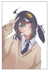 1girl absurdres ahoge black_hair black_necktie black_sclera blue_eyes border brown_sweater bug closed_mouth collared_shirt colored_sclera dottovu dress_shirt hair_between_eyes heterochromia highres indie_virtual_youtuber long_sleeves looking_at_viewer medium_hair mismatched_sclera necktie ponytail portrait qjinator red_eyes shirt simple_background solo sweater v virtual_youtuber vu_(dottovu) white_background white_border white_shirt