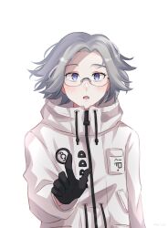 1boy aotsuki_eito black_gloves blue_eyes blush glasses gloves grey_hair hirayacreates hoodie looking_at_viewer open_mouth the_hundred_line_-last_defense_academy- upper_body white_background white_hoodie