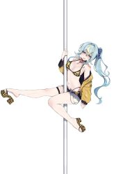 1girl :p absurdres animal_print belt black_belt blonde_hair blue_bow blue_hair bow breasts fishnets grey_shorts hair_bow highres jacket jewelry kaminari_clara leopard_print leopard_print_bikini long_hair long_sleeves multicolored_hair navel necklace off_shoulder phase_connect pole shadow shoe_dangle short_shorts shorts side_ponytail smiley_face solo streaked_hair stripper_pole tongue tongue_out valefal_coneri virtual_youtuber white_background yellow_jacket