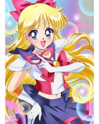 1girl aino_minako bishoujo_senshi_sailor_moon blonde_hair blue_eyes bow cure_nico gloves hand_on_own_hip long_hair magical_girl mask miniskirt red_bow sailor_v skirt smile unworn_mask very_long_hair