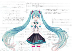 1girl absurdres amd_aoneko bare_shoulders black_bow black_skirt blue_bow blue_hair bow closed_eyes closed_mouth commentary_request detached_sleeves facing_viewer hair_between_eyes hand_on_own_chest hatsune_miku highres long_hair magical_mirai_(vocaloid) magical_mirai_miku magical_mirai_miku_(2017) musical_note musical_note_ornament number_tattoo own_hands_together sheet_music shirt skirt sleeveless sleeveless_shirt smile solo straight-on tattoo thighhighs twintails two-tone_bow very_long_hair vocaloid white_shirt white_sleeves white_thighhighs