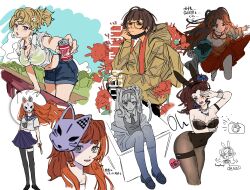6+girls :o ;| alternate_costume animal_ears arm_under_breasts bare_arms beer_can black_leotard black_mask black_pantyhose black_thighhighs blonney blue_sailor_collar blue_shorts blue_skirt blush box breasts brown_eyes bunny_bunny_(reverse:1999) bunny_bunny_(reverse:1999)_(cosplay) can checkered_neckerchief cosplay desert_flannel dress drink_can earrings embarrassed fake_animal_ears fox_mask glasses green_eyes green_jacket hand_up highres holding holding_can ill_(no0408_bv) in_box in_container jacket jewelry jiu_niangzi john_titor_(reverse:1999) large_breasts leaning_forward leotard long_hair looking_at_viewer mask mask_on_head mask_pull matilda_bouanich midriff miniskirt mouth_mask multiple_girls multiple_views navel neckerchief necktie one_side_up outstretched_arm pantyhose ponytail purple_eyes red_dress red_eyes reverse:1999 sailor_collar school_uniform serafuku shirt short_hair short_sleeves shorts single_leg_pantyhose single_thighhigh sketch skirt sonetto_(reverse:1999) strapless strapless_leotard sweat thigh_strap thighhighs two_side_up white_shirt white_wrist_cuffs wrist_cuffs