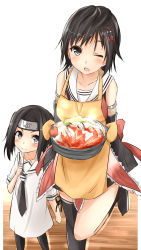 10s 2girls alternate_hairstyle bare_shoulders black_hair dress food forehead_protector grey_eyes hair_ornament hairclip headband heart highres if_they_mated kantai_collection konohagakure_symbol long_hair looking_at_viewer mother_and_daughter multiple_girls naruto naruto_(series) neckerchief one-piece_swimsuit open_mouth oven_mitts pot saku_(kudrove) sendai_(kancolle) short_hair shrimp skirt smirk standing standing_on_one_leg stew swimsuit vegetable white_dress aged_down