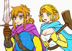 1boy 1girl artist_name blonde_hair blue_cape blue_eyes blue_tunic braid breasts brown_gloves cape circlet cleavage commentary cosplay crossover crown_braid dragon_quest dragon_quest_iii dress earrings gem gloves gold_circlet green_eyes green_gemstone hero_(dq3) hero_(dq3)_(cosplay) highres holding holding_staff holding_sword holding_weapon hoop_earrings jewelry link medium_breasts medium_hair mouyi nintendo open_mouth pink_cape pointy_ears princess_zelda red_gemstone roto_(dq3) roto_(dq3)_(cosplay) sage_(dq3) sage_(dq3)_(cosplay) sample_watermark silver_circlet staff strapless strapless_dress stud_earrings sword the_legend_of_zelda the_legend_of_zelda:_tears_of_the_kingdom tunic upper_body watermark weapon white_background white_dress yellow_gloves yellow_sleeves