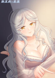 1girl absurdres artist_name bare_shoulders breasts cleavage closed_mouth coat collarbone dengmingxuan~chacha eternity_(reverse:1999) feet_up highres large_breasts long_hair looking_at_viewer nightgown pink_nightgown pointing reverse:1999 see-through_clothes see-through_coat smile solo upper_body wavy_hair white_hair yellow_eyes