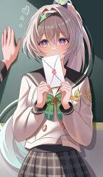Rule 34 | 1other, absurdres, alternate hairstyle, black bow, black hairband, black sailor collar, blue eyes, blue pupils, blush, bow, bowtie, breasts, buttons, chalkboard, commentary, double-breasted, envelope, firefly (honkai: star rail), firefly (spring missive) (honkai: star rail), gradient hair, green bow, green bowtie, green hair, grey hair, grey skirt, hair between eyes, hair bow, hair intakes, hairband, highres, holding, holding envelope, honkai: star rail, honkai (series), kabedon, kenomotsu yukuwa, letter, long hair, long sleeves, looking at viewer, love letter, medium breasts, multicolored eyes, multicolored hair, plaid clothes, plaid skirt, ponytail, pov, pov hands, purple eyes, sailor collar, school uniform, serafuku, shirt, skirt, two-tone eyes, very long hair, white shirt