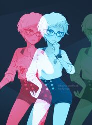1girl artist_name blood blood_on_clothes blood_on_face blood_on_leg bright_pupils brooch closed_mouth commentary copyright_notice cowboy_shot english_commentary fireflyraye glasses hand_on_own_chin hand_on_own_hip high-waist_shorts highres jewelry kyokugen_dasshutsu limited_palette multiple_views open_mouth phi_(kyokugen_dasshutsu) shirt short_hair shorts standing teeth upper_teeth_only very_short_hair watch wristwatch zero_escape:_toki_no_dilemma