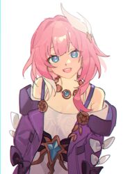 1girl arms_behind_back blue_eyes coat commentary cyrene_(honkai:_star_rail) dress english_commentary hair_ornament highres honkai:_star_rail honkai_(series) jewelry looking_at_viewer multicolored_hair necklace open_mouth pink_hair pink_pupils purple_coat simple_background smile solo teeth two-tone_hair upper_body upper_teeth_only white_background white_dress white_hair yaoigodoomf