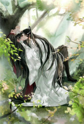 2boys absurdres ahoge arms_up bishounen black_boots black_hair black_hanfu black_pants blindfold blurry blush boots bound bound_wrists branch chinese_clothes closed_eyes day depth_of_field french_kiss hair_down hair_ribbon half_updo hand_on_another&#039;s_face hanfu headband highres holding_another&#039;s_wrist hug in_tree kiss knees_up lan_wangji leaf long_hair long_sleeves lying male_focus mg_ms_dayo modao_zushi multiple_boys nature official_alternate_hairstyle official_art outdoors pants plant ponytail red_ribbon ribbon robe sitting sitting_in_tree sleeves_past_wrists sunlight sweat third-party_source tree very_long_hair wei_wuxian wei_wuxian_(yiling_laozu) white_hanfu white_headband wide_sleeves xiao_guan_(headdress) yaoi