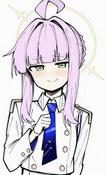 1girl ahoge blue_archive blunt_bangs blush bolo_tie buttoned_cuffs buttons closed_mouth collared_jacket commentary_request dot_nose double-breasted gloves green_eyes hair_intakes halo highres jacket kaya_(blue_archive) long_sleeves looking_at_viewer makigirisu medium_hair pink_hair sidelocks simple_background smile solo split_mouth upper_body white_background white_gloves white_jacket yellow_halo