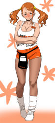 10s 1girl anjou_naruko ano_hi_mita_hana_no_namae_wo_bokutachi_wa_mada_shiranai. bare_shoulders blush bobobo breasts brown_pantyhose cleavage clothes_writing crossed_arms earrings employee_uniform female_focus hooters jewelry legs long_hair long_image matching_hair/eyes name_tag orange_eyes orange_hair pantyhose pantyhose_under_shorts shorts solo tall_image twintails