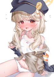 1girl absurdres aoba_(blue_archive) armband bare_shoulders black_hat blue_archive blush breasts brown_hair camisole collarbone commentary_request cowboy_shot embarrassed flying_sweatdrops gluteal_fold hair_between_eyes hair_ornament hairclip hand_up hat heavy_breathing highres jacket looking_at_viewer low_twintails navel open_mouth panties peaked_cap red_eyes simple_background sitting sleeves_past_wrists small_breasts smile solo steaming_body strap_slip sweat twintails underwear undressing wavy_mouth wfa5051 white_background white_camisole white_panties