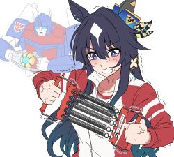 Rule 34 | 1boy, 1girl, anger vein, animal ears, blush, breasts, clenched teeth, collarbone, earrings, hair between eyes, hair ornament, highres, holding, horse ears, jacket, jewelry, long hair, medium breasts, mole, mole under eye, open mouth, portrait, robot, single earring, sugamo (rainysnowy108), sweat, teeth, track jacket, transformers, umamusume, verxina (umamusume), white background