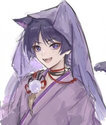 1boy animal_ears arms_at_sides blunt_ends bright_pupils cat_boy cat_ears cat_tail fangs feathers genshin_impact highres japanese_clothes kimono male_focus open_mouth pom_pom_(clothes) purple_eyes purple_hair purple_kimono purple_sleeves purple_veil scaramouche_(genshin_impact) scaramouche_(kabukimono)_(genshin_impact) sgm618 sketch solo string tail teeth upper_teeth_only veil white_background white_pupils wispy_bangs yellow_feathers