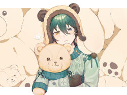 1boy animal_background aqua_trim bear_hat bishounen blue_eyes c54chu0113 ensemble_stars! green_hair green_sweater hair_between_eyes heterochromia highres kagehira_mika letterboxed long_sleeves male_focus official_alternate_costume outside_border pom_pom_hat_ornament short_hair solo stuffed_animal stuffed_toy sweater teddy_bear yellow_eyes