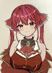 1girl anzulove1995 bare_shoulders blush breasts coat highres hololive houshou_marine jacket large_breasts long_hair off_shoulder red_eyes red_hair red_jacket sleeveless sleeveless_jacket solo traditional_media twintails upper_body virtual_youtuber yellow_eyes