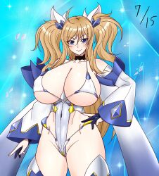 1girl areola_slip blonde_hair breasts covered_erect_nipples covered_navel dated hand_on_own_hip highleg highleg_leotard highres huge_breasts ice impossible_clothes impossible_leotard large_areolae leotard long_hair looking_at_viewer onizaki_kirara puffy_nipples revealing_clothes sanemuke2893 shiny_clothes shiny_skin smile solo standing taimanin_(series) taimanin_rpgx thong_leotard twintails wide_hips