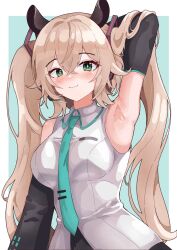 Rule 34 | 1girl, :3, animal ears, aqua necktie, arm behind head, arm up, armpits, blue background, blush, breasts, brown hair, cosplay, crossed bangs, ddrawins, detached sleeves, green eyes, hair between eyes, hashtag-only commentary, hatsune miku, hatsune miku (cosplay), highres, indie virtual youtuber, long hair, long sleeves, looking at viewer, medium breasts, necktie, nimi nightmare, solo, tapir ears, tapir girl, twintails, upper body, virtual youtuber, vocaloid, white background