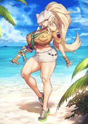 1girl animal_hat arm_behind_back bare_legs barghest_(fate) barghest_(swimsuit_archer)_(fate) barghest_(swimsuit_archer)_(first_ascension)_(fate) beach blonde_hair blue_eyes blue_sky breasts brown_gloves brown_shirt buttons cat_hat closed_mouth cloud fate/grand_order fate_(series) fingerless_gloves full_body game_cg gloves green_neckerchief hand_up hat high_ponytail holding holding_water_gun horizon huge_breasts impossible_clothes lapels leg_up long_hair looking_at_viewer melon22 midriff miniskirt muscular muscular_female navel neckerchief notched_lapels ocean official_art ponytail sand shirt shoes short_sleeves sidelocks skirt sky smile solo standing standing_on_one_leg thighs third-party_source tied_shirt trigger_discipline variant_set very_long_hair water_gun weapon_request white_hat white_skirt