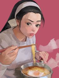 1girl black_eyes black_hair eating egg food forehead grey_sweater hair_ornament hairband hand_up highres holding kagura_chizuru long_hair noodles oni_gini pink_background pot solo steam sweater the_king_of_fighters upper_body white_hairband