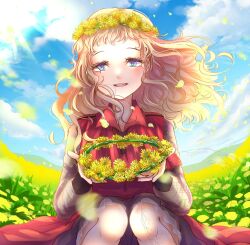 Rule 34 | 1girl, brown hair, dress, eyelashes, fclover 76, field, flower, flower field, flower wreath, gnosia, grass, grey eyes, hair between eyes, happy, head wreath, highres, kukrushka (gnosia), long hair, long sleeves, looking at viewer, sky, smile, solo, wavy hair