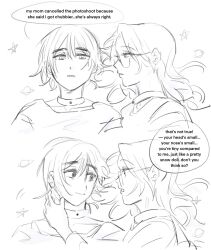 2girls alien_stage annoyed bags_under_eyes choker closed_mouth commentary english_commentary english_text glasses greyscale highres long_hair lying mizi_(alien_stage) monochrome multiple_girls on_back on_side open_mouth short_hair sketch smile star_(symbol) sua_(alien_stage) the_quipper