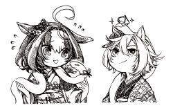 Rule 34 | 2girls, ahoge, animal ears, blush, chibi, chinese zodiac, closed mouth, crown, ears down, flying sweatdrops, greyscale, hairband, highres, horse ears, japanese clothes, kimono, long sleeves, mame nabe donko, meisho doto (umamusume), mini crown, monochrome, multicolored hair, multiple girls, new year, obi, open mouth, sash, short hair, smile, snake, sparkle, streaked hair, t.m. opera o (umamusume), umamusume, upper body, year of the snake, yukata